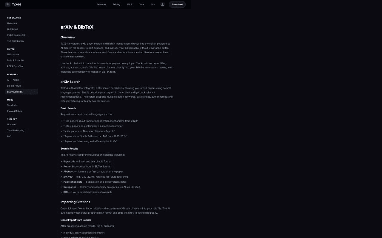 TeX64 documentation for arXiv search and BibTeX insertion