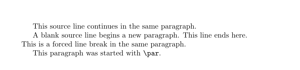 LaTeX line breaks and paragraphs: source newlines, \\ and blank lines: PDF compiled from the source below