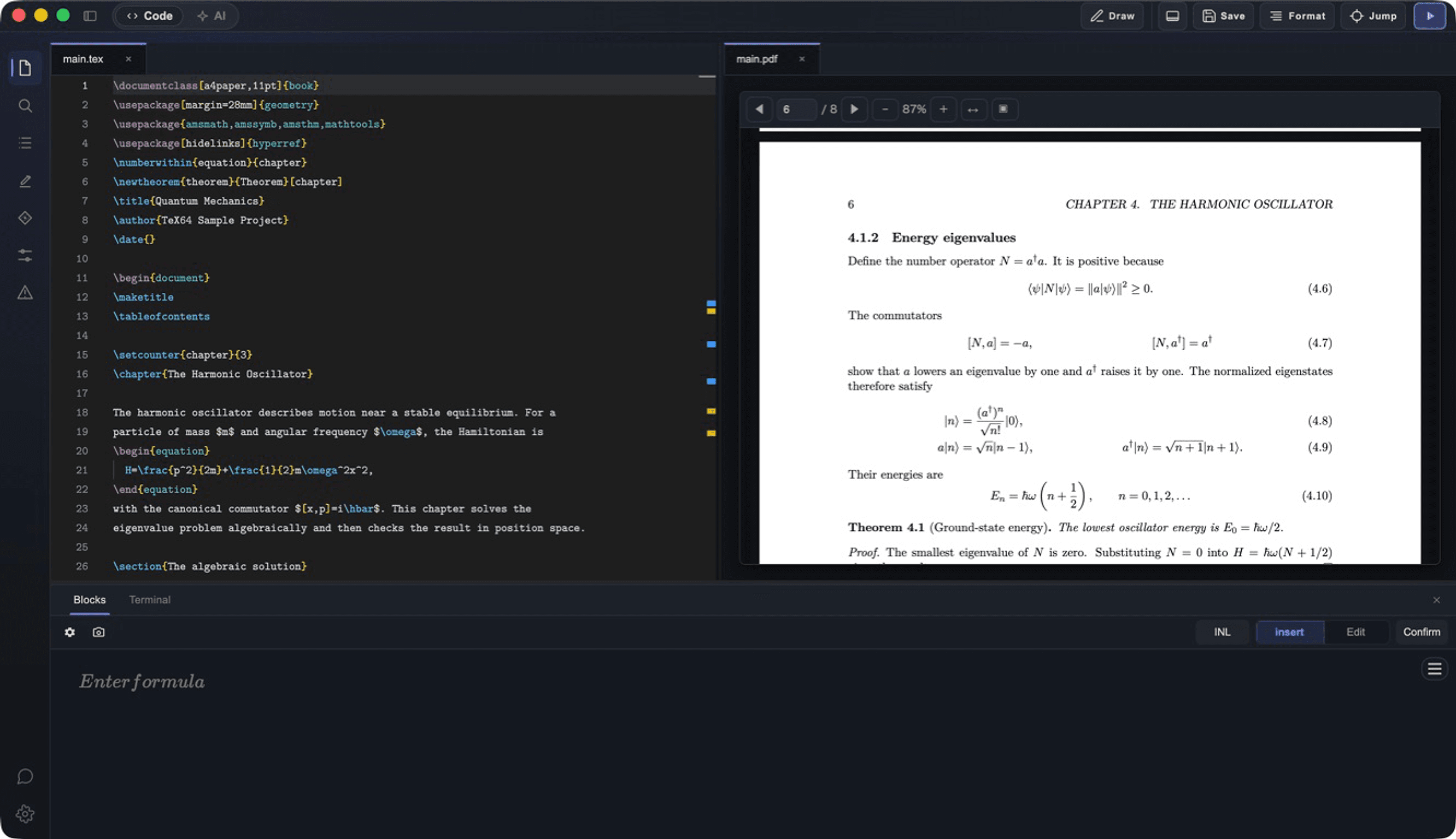 LaTeX source and PDF preview in TeX64