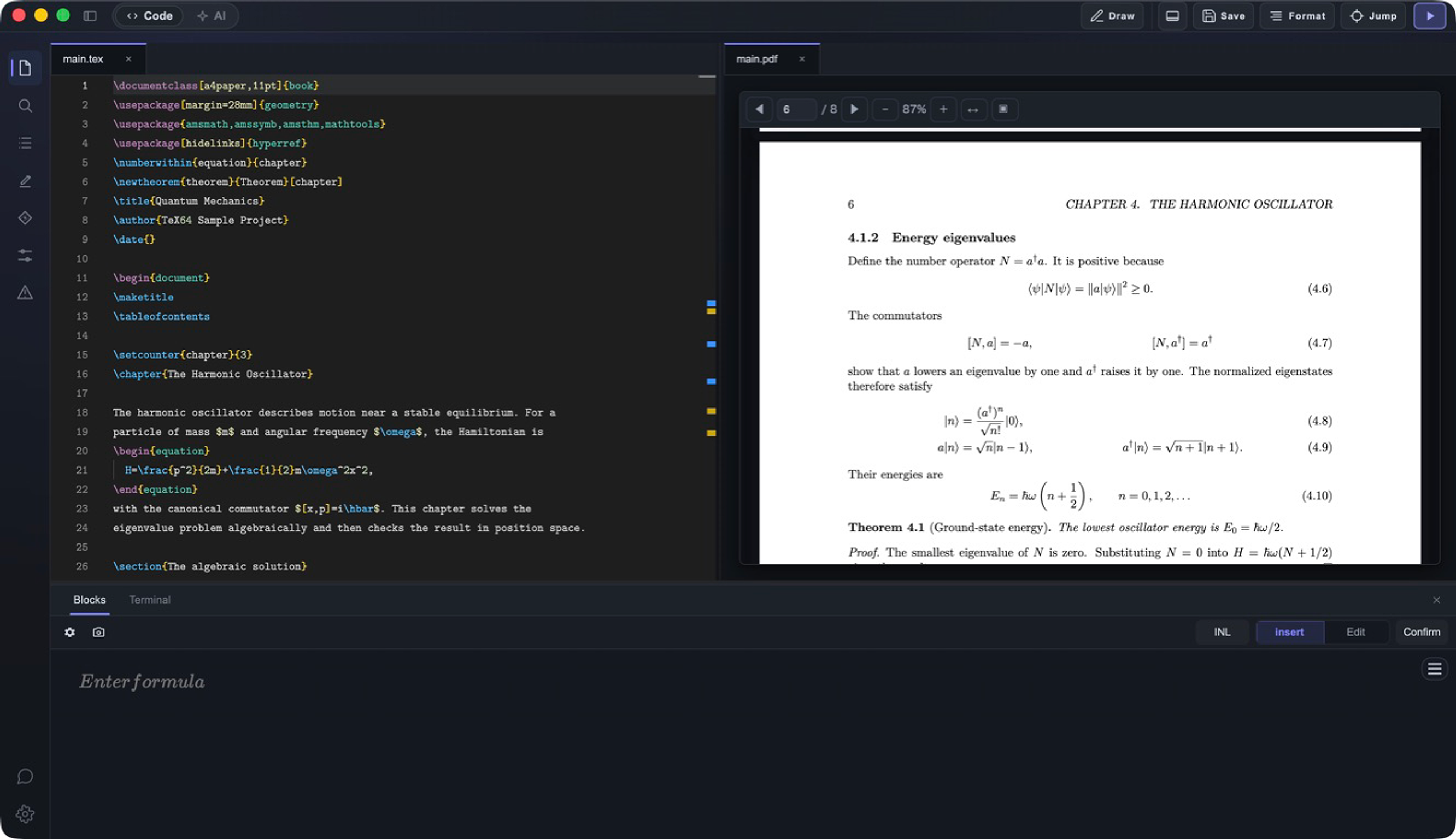 量子力学のLaTeXソースとPDFプレビューを表示したTeX64